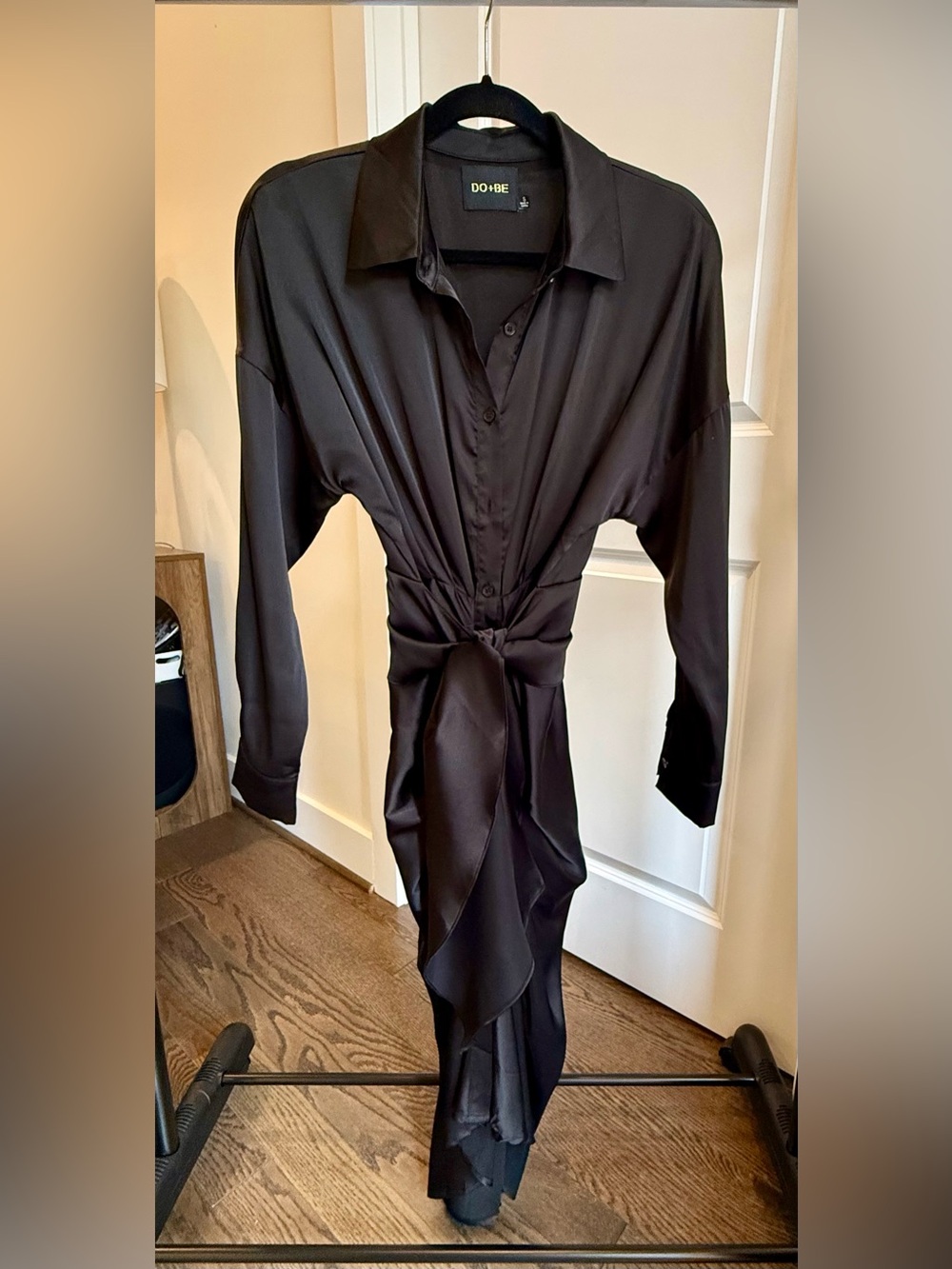 Women’s Do + Be long sleeve satin shirt dress with sash belt.